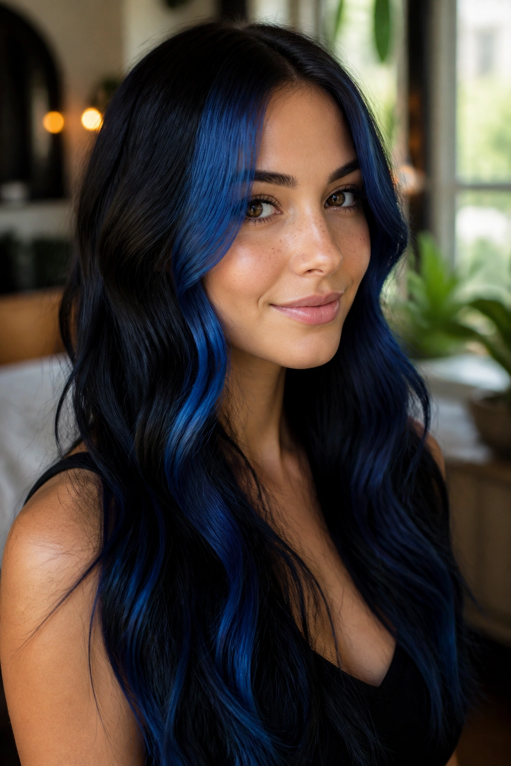 Close-up of face with blue front money piece on black-to-blue ombre hair.