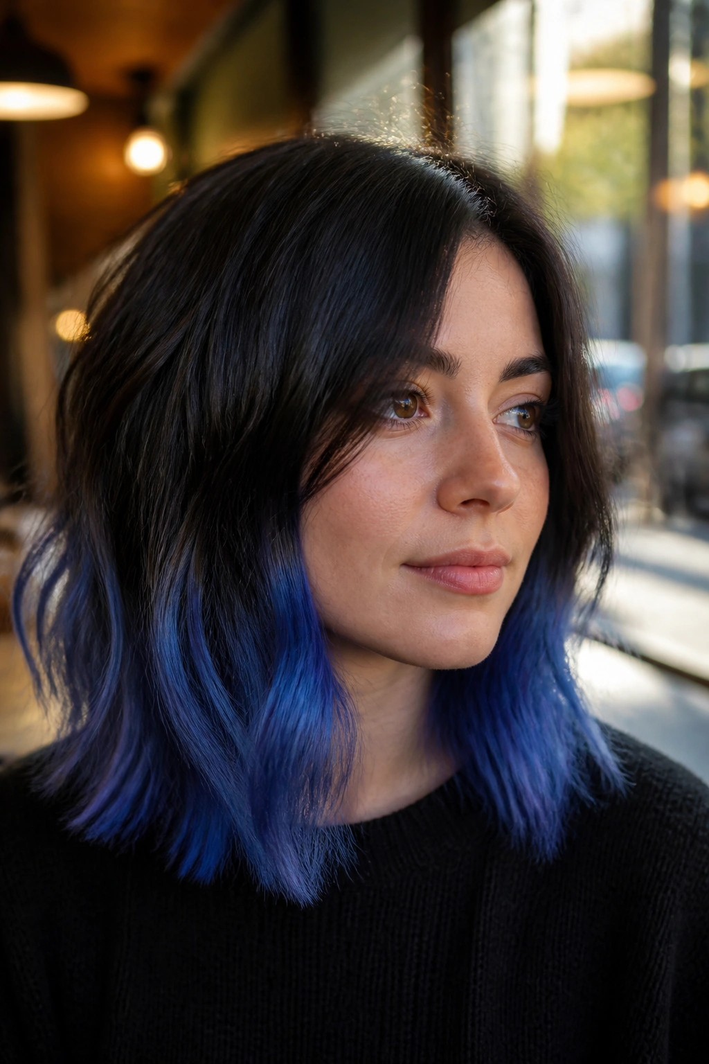Close-up of a woman with melted blue ombré starting below the chin on shoulder-length hair