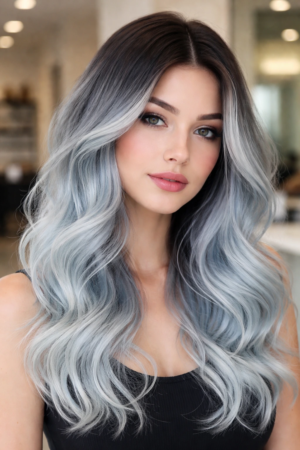 Portrait of a woman with dark roots fading to icy blue ombré