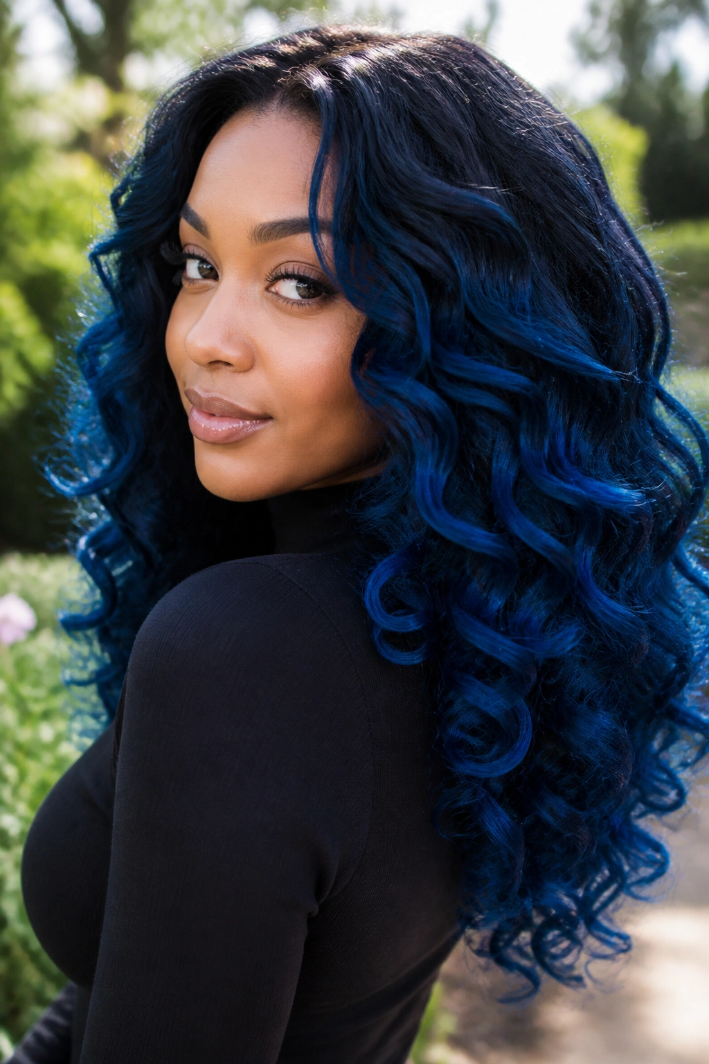 Real woman with big curls showing blue outer-layer highlights on black hair