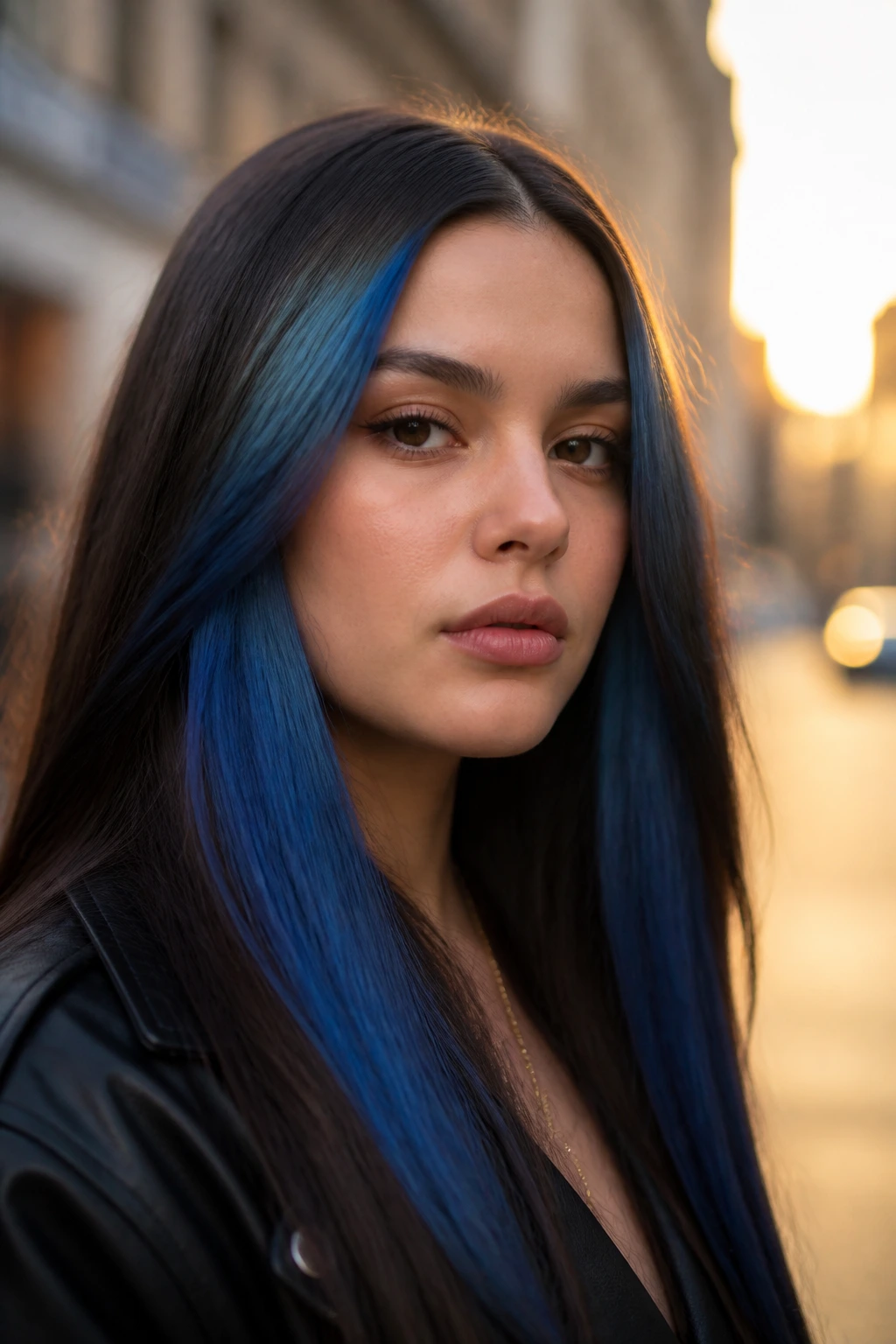 Close-up of deep brown hair with blue panel color-blocking in sunlight