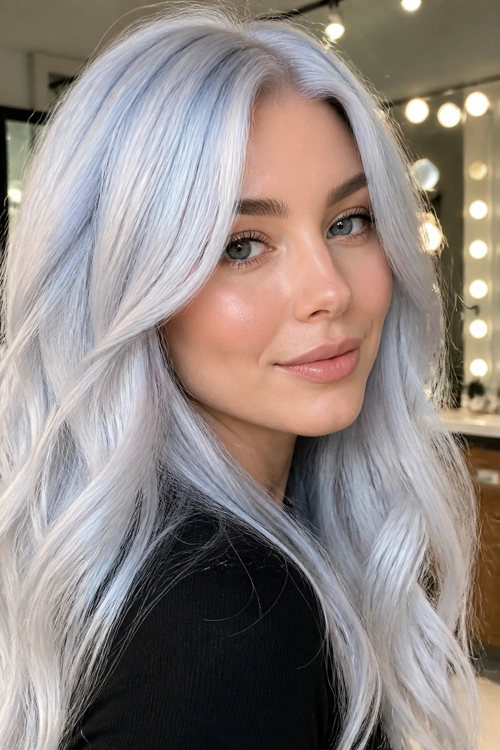 Close-up portrait of a real person with blue pearl blonde hair under soft daylight