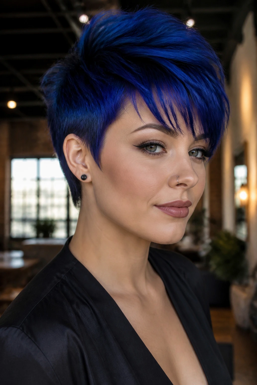 Close-up of a person with a blue velvet pixie and crown height
