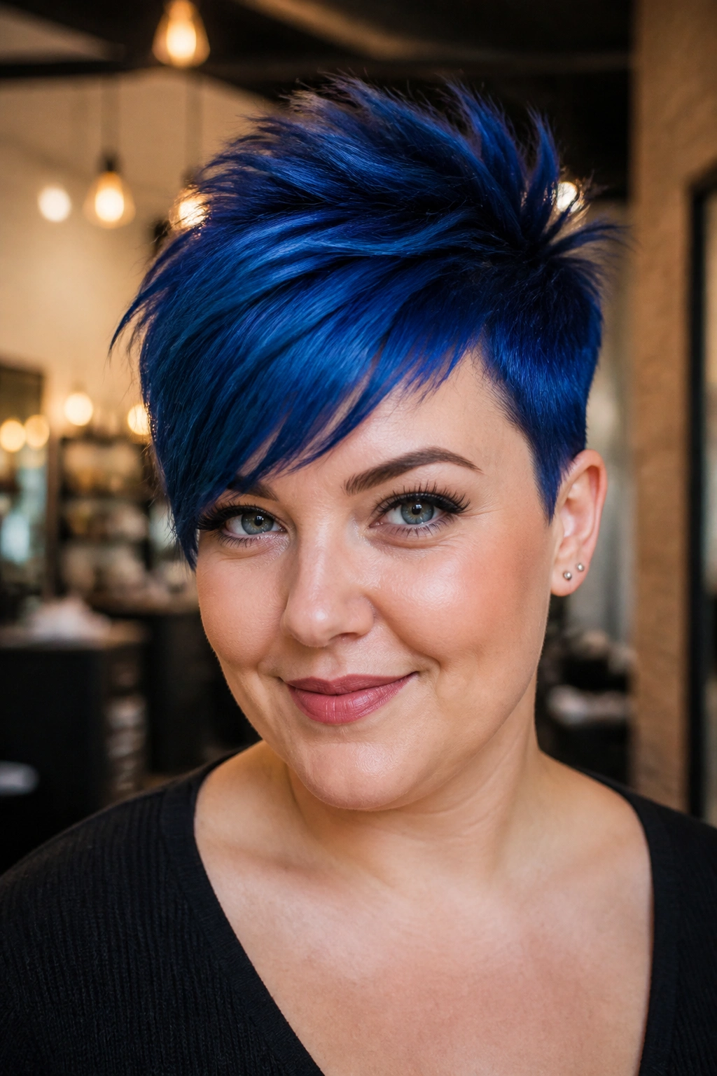 Close-up of a real woman with a textured blue pixie and crown volume.