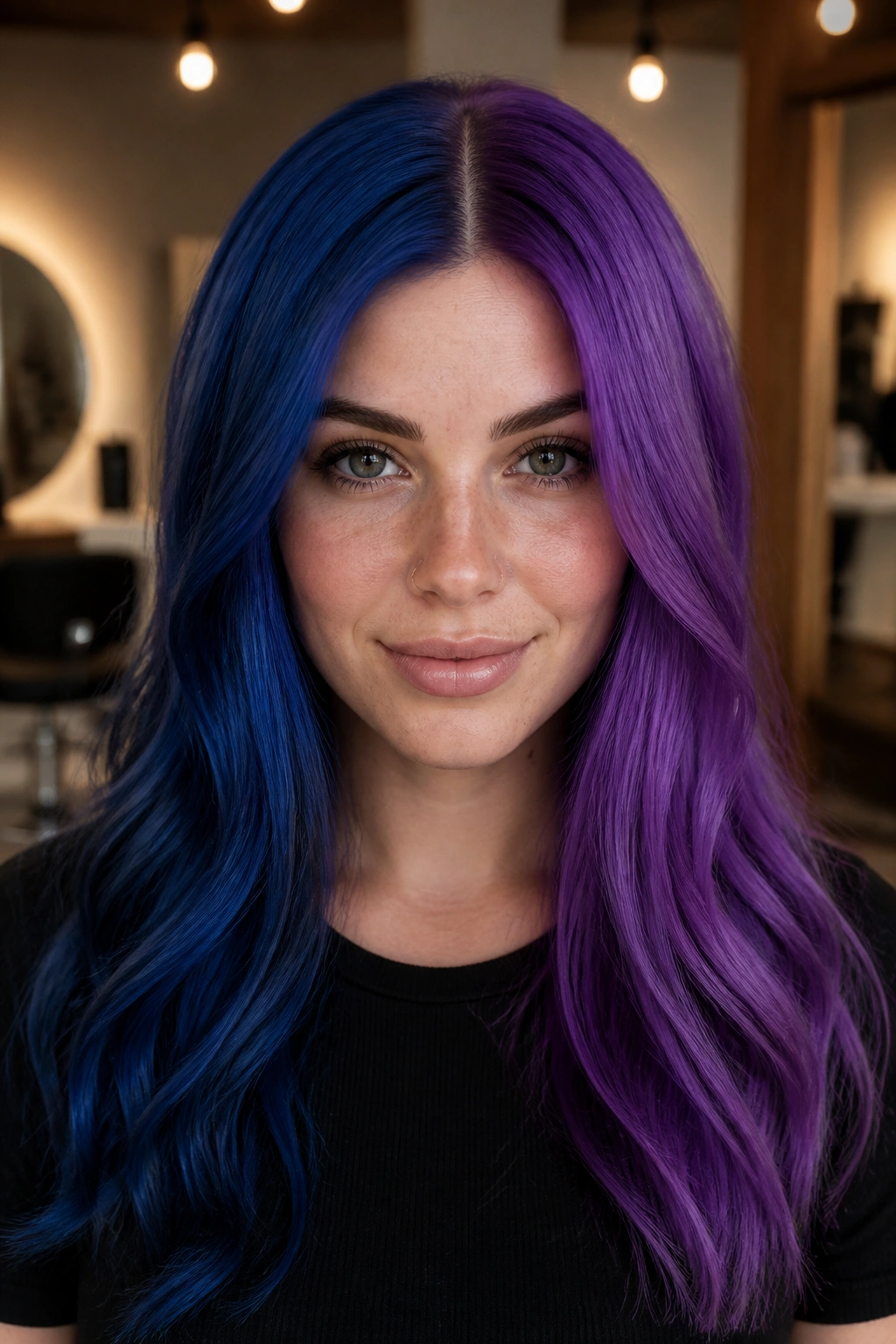 Real person with blue and purple split dye hair