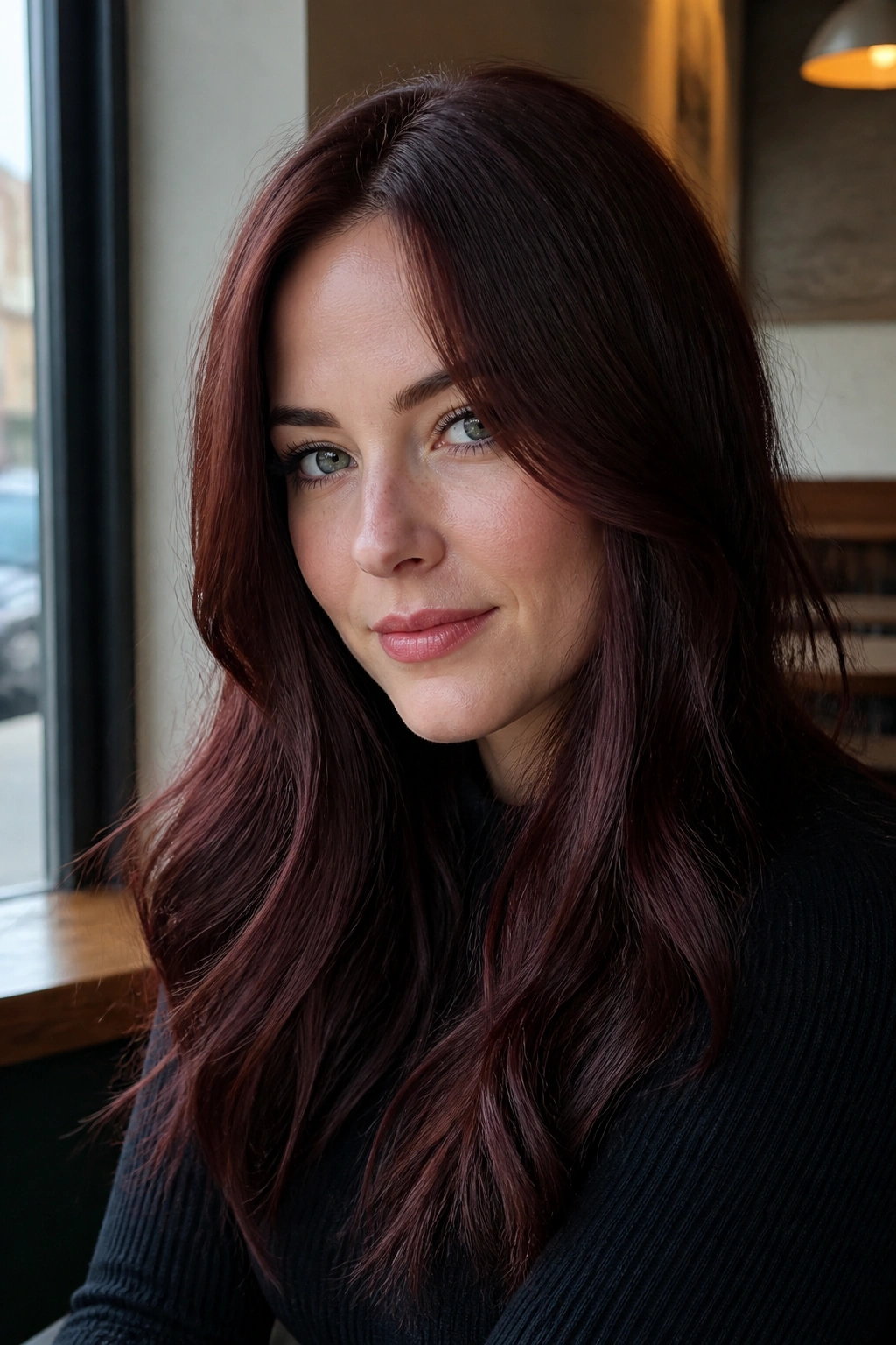 Portrait of a woman with blue-red auburn hair and cool skin in natural light