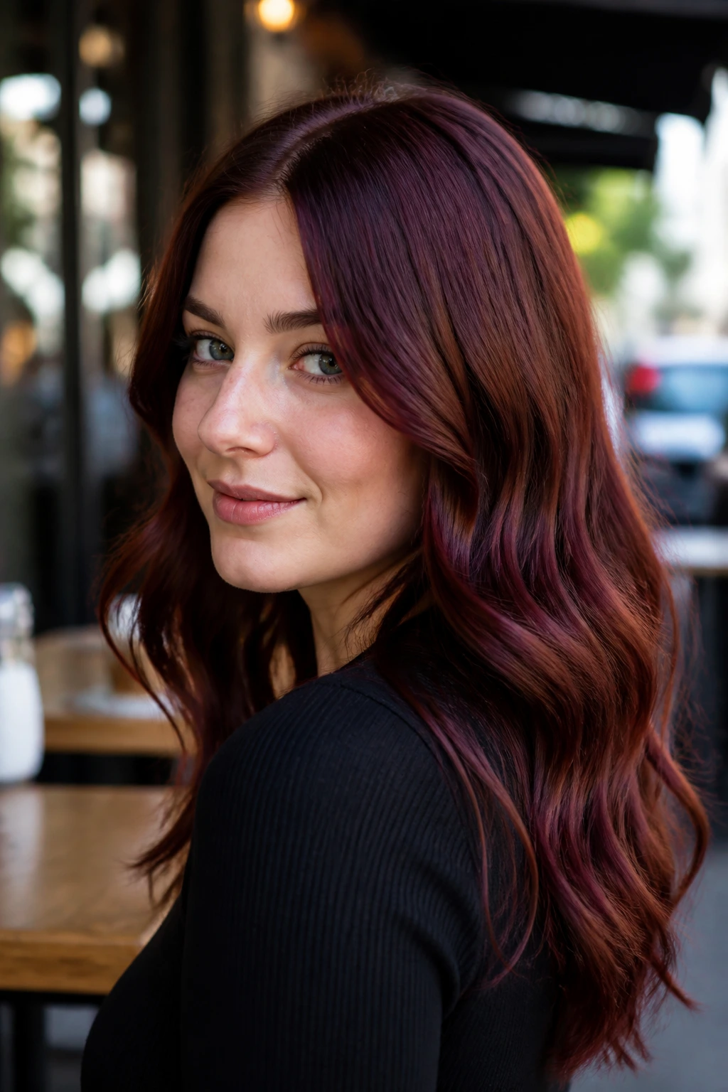 Close-up portrait of blue-red auburn hair on a real person.