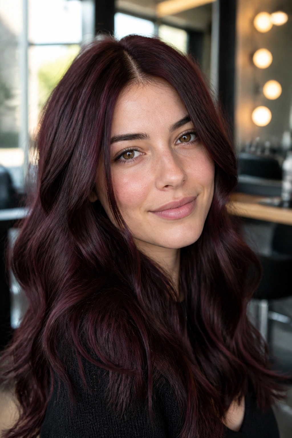 Close-up of a real woman with blue-red burgundy hair on brunette base, cool-toned shine