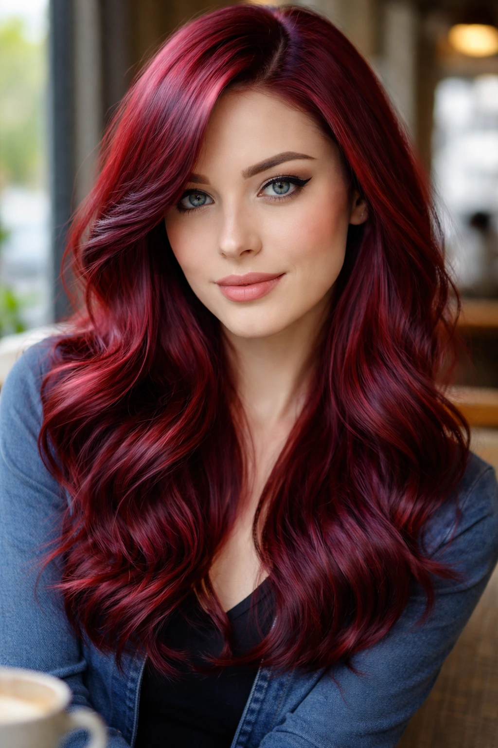 Close-up of a real person with blue-violet cherry red hair in daylight.