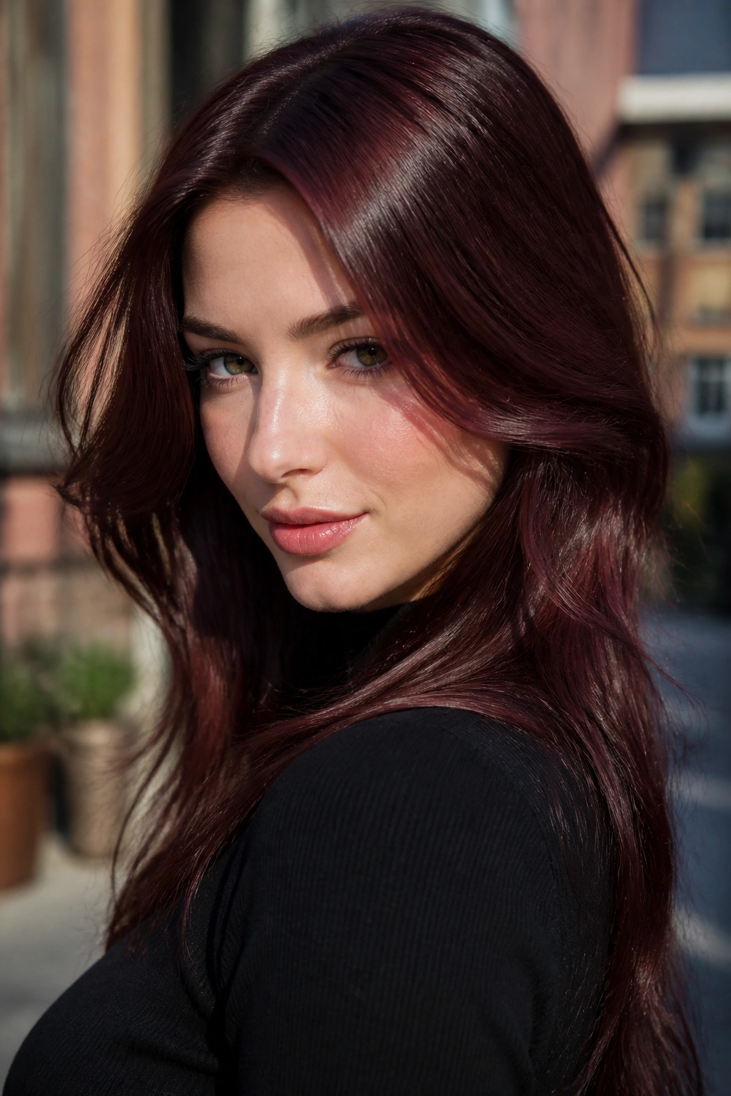 Close-up portrait of a real woman with blue-red chestnut hair in daylight