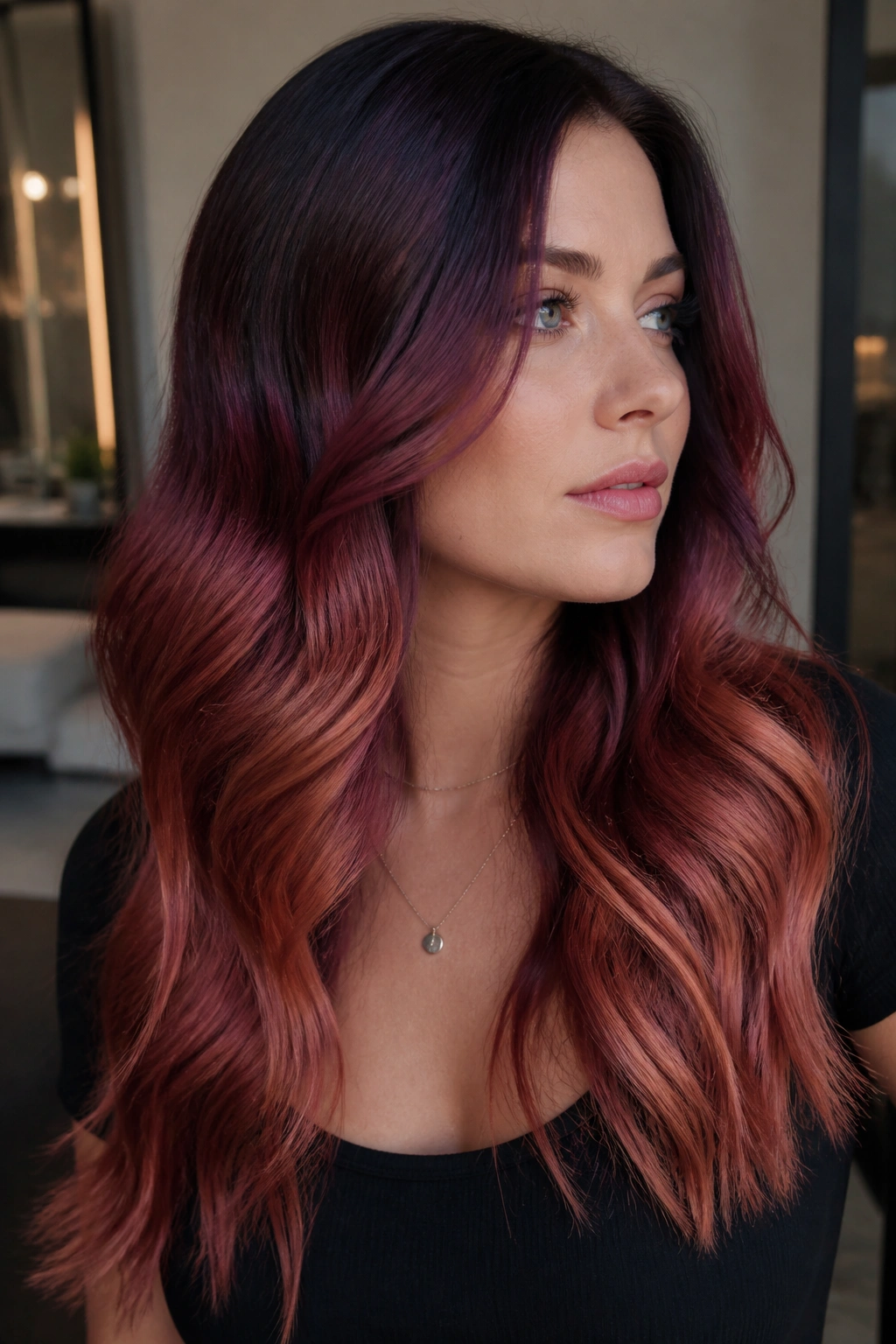 Portrait of real woman with cool blue-red copper melt hair
