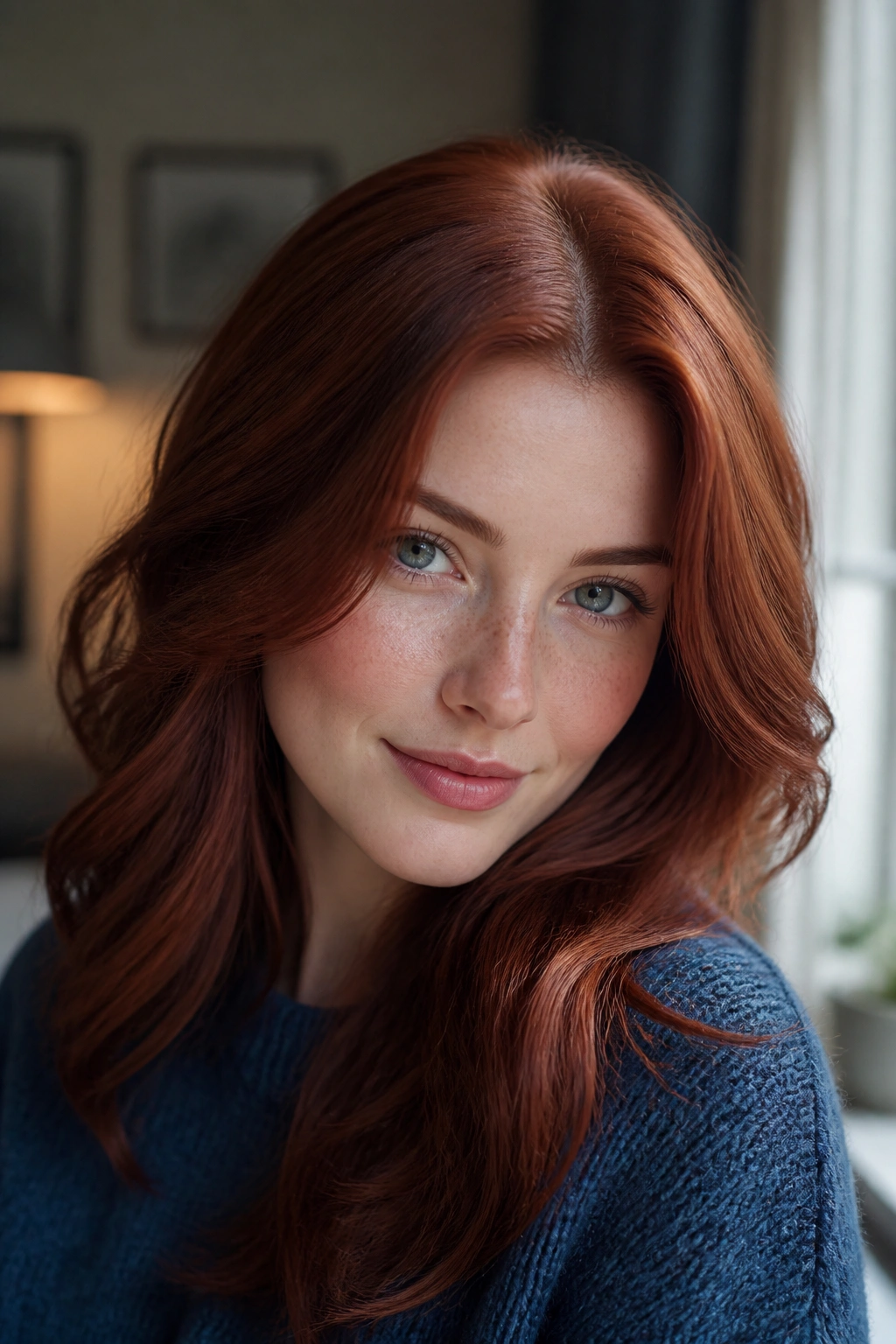 Close-up portrait of a real person with blue-red ginger hair in window light