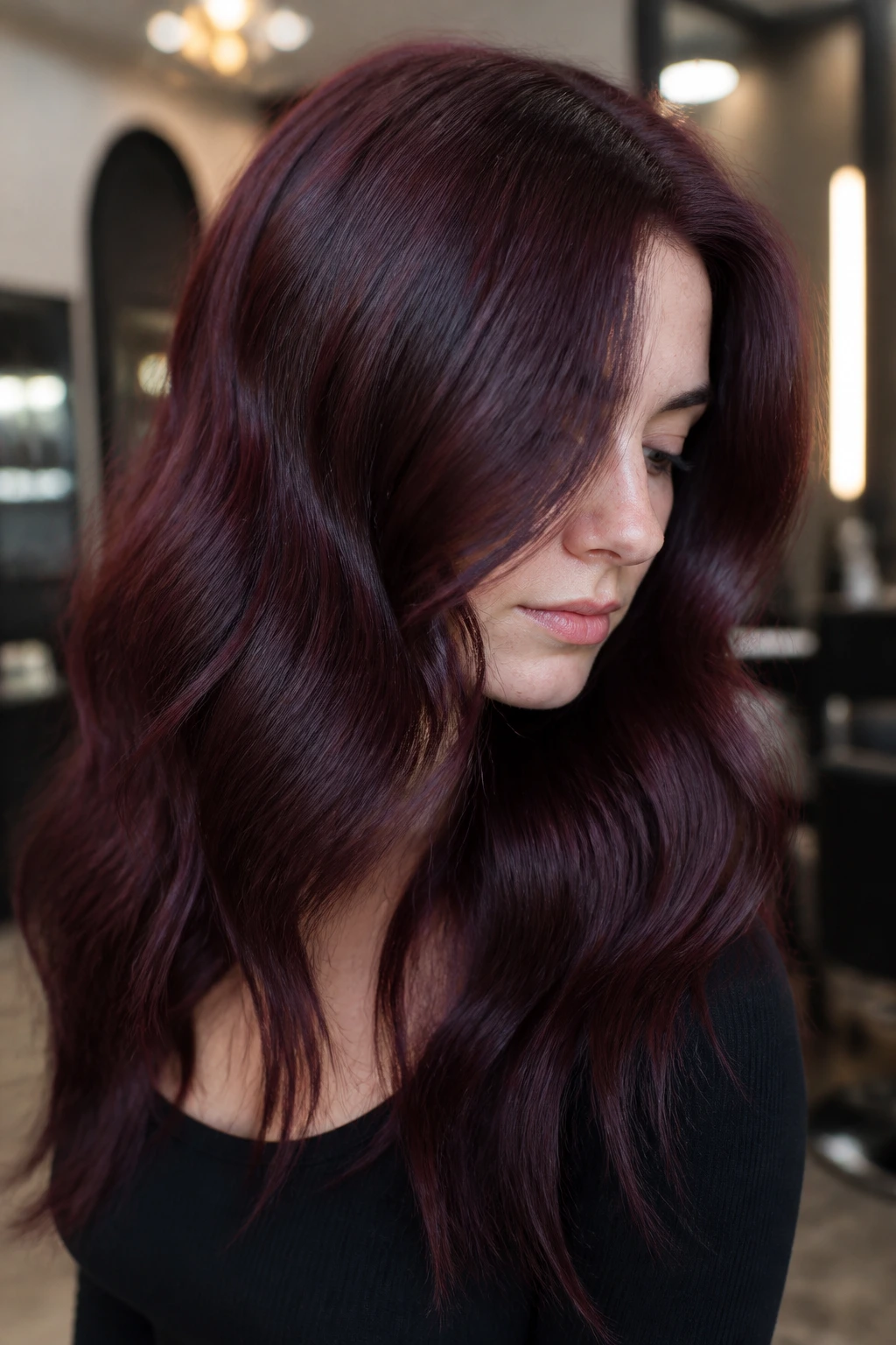 Close-up of real woman with blue-red mahogany hair under salon lighting