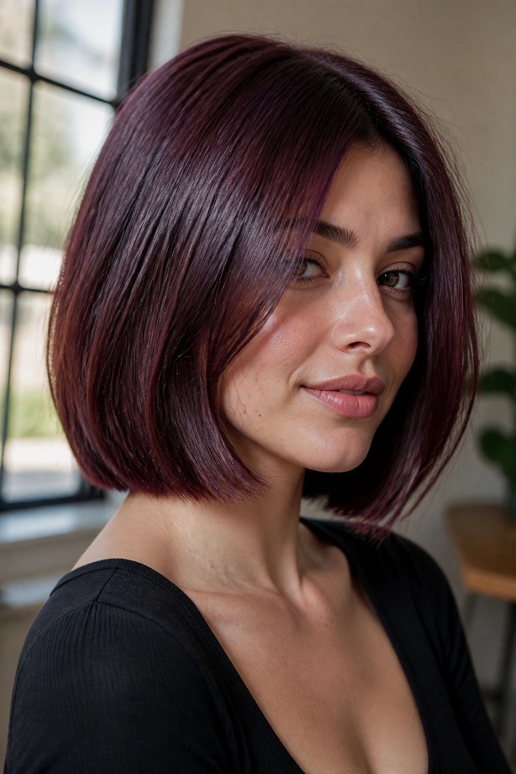Close-up of a real woman with blue-red mahogany brown hair in a blunt bob on cool skin