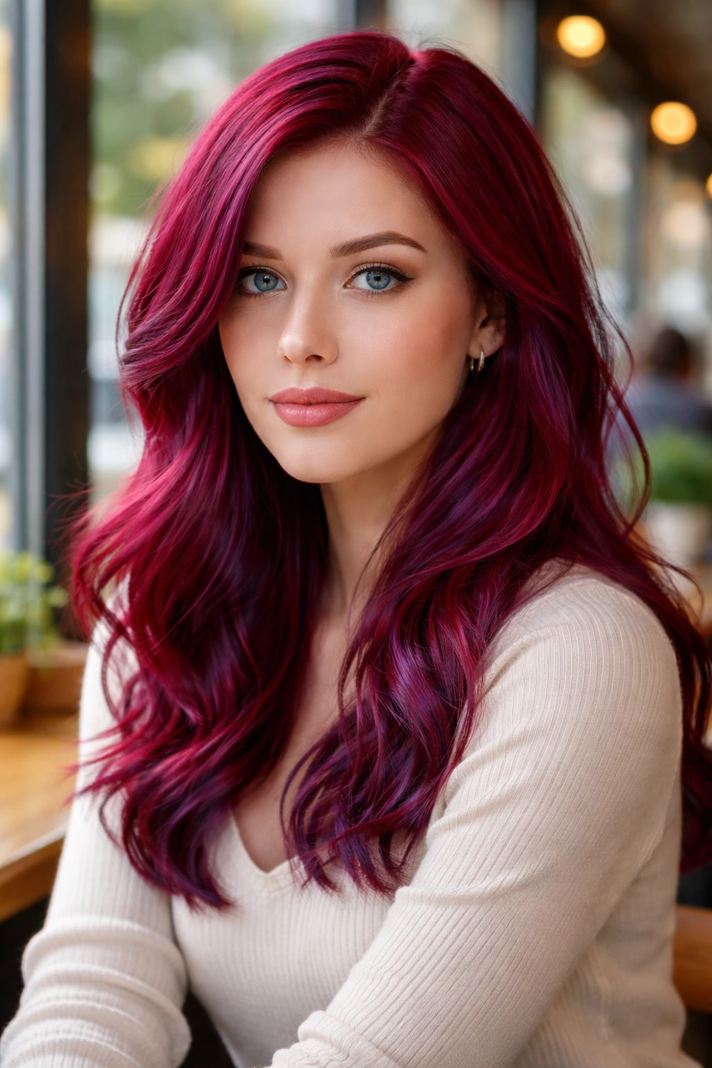 Close-up portrait of a real woman with blue-red ruby hair in daylight