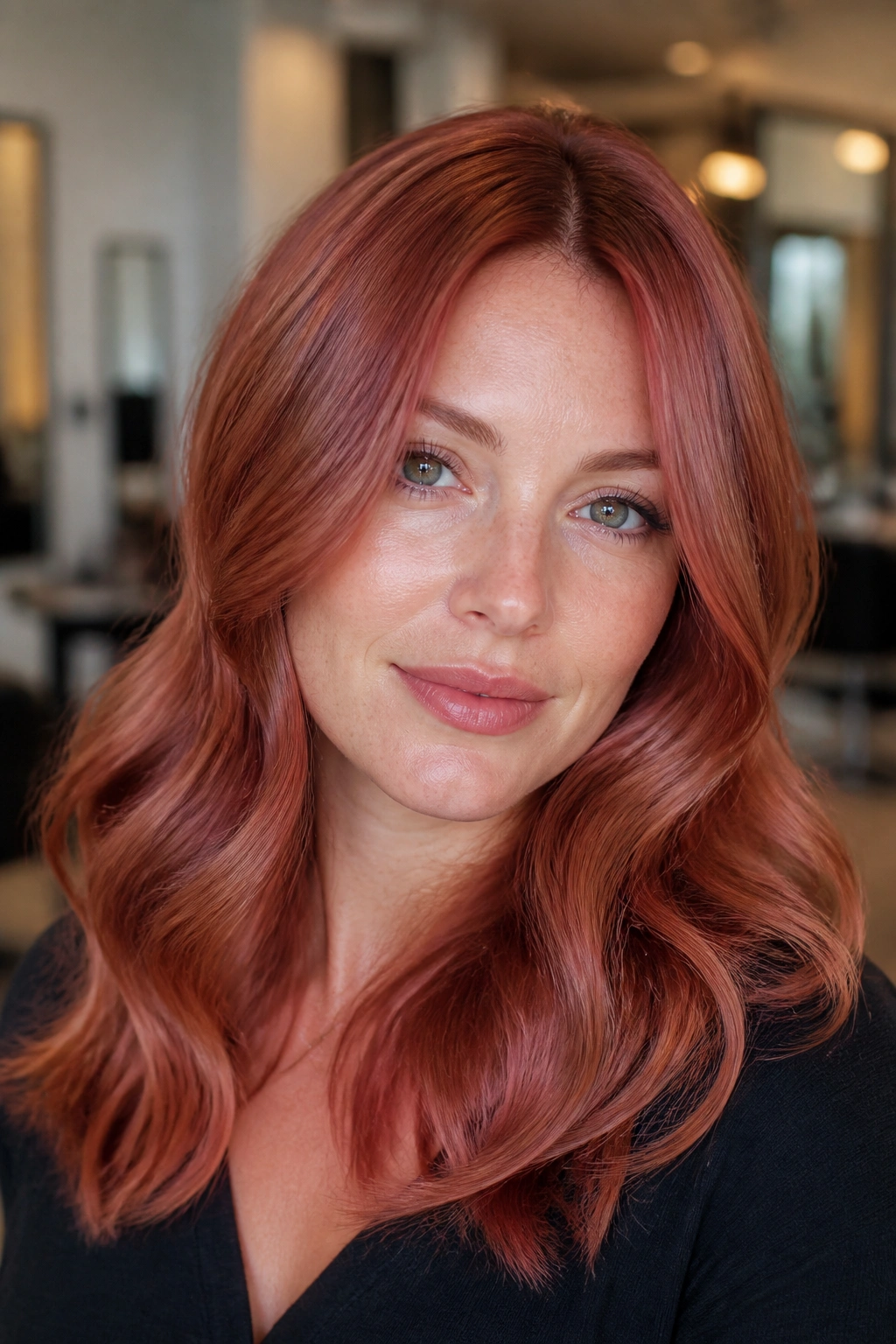 Portrait of a woman with blue-red strawberry copper hair and violet undertones in warm lighting
