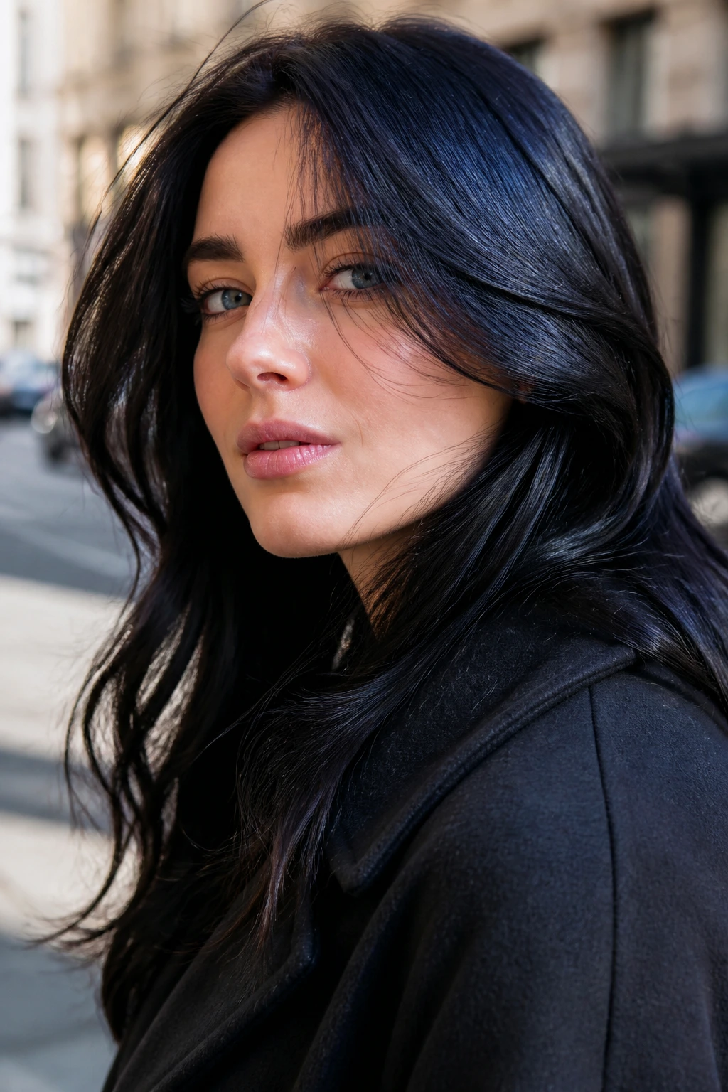 Close-up portrait of a real person with blue-reflect black brown hair in daylight