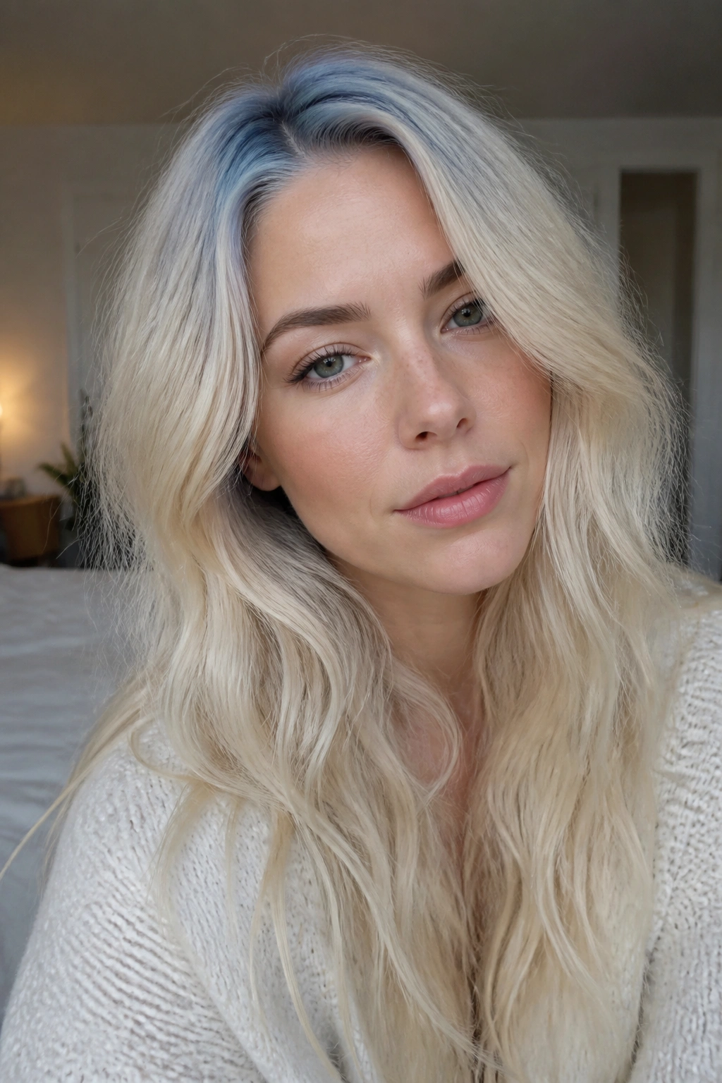 Close-up of a real woman with cream blonde hair and pale blue root smudge in natural window light