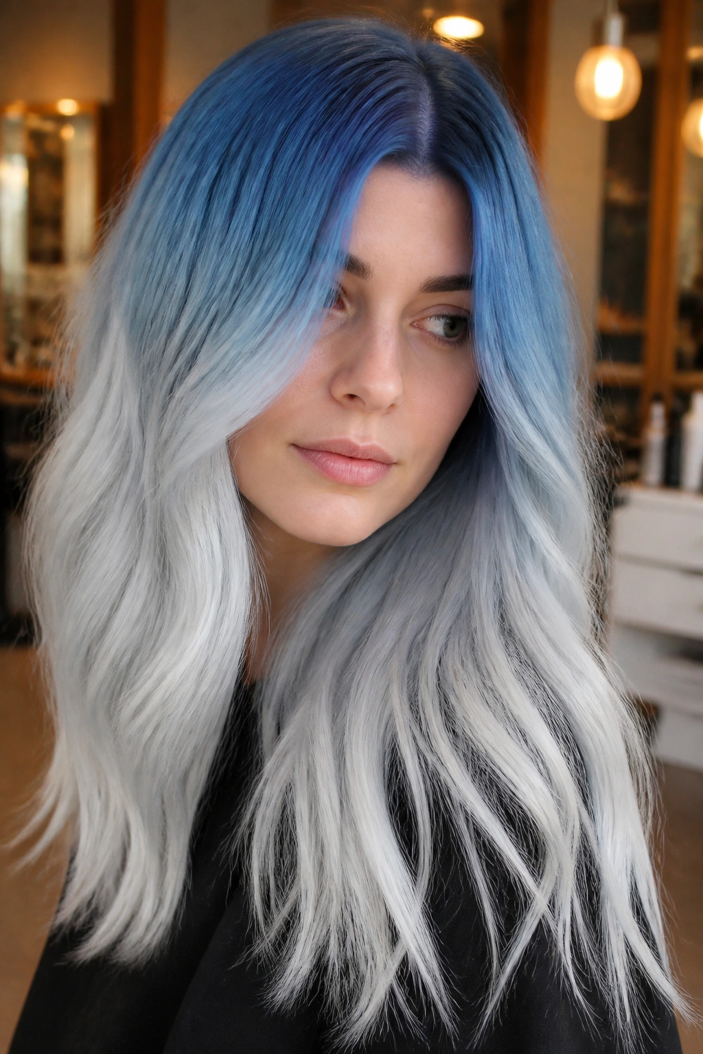 Real woman with blue root shadow and white ends ombre hair.