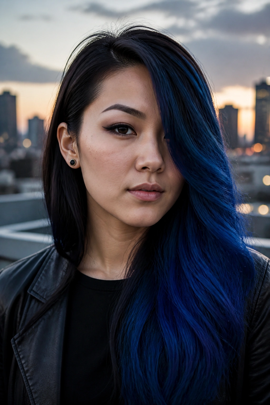 Close-up of one-side blue side-swept ombre on a real person