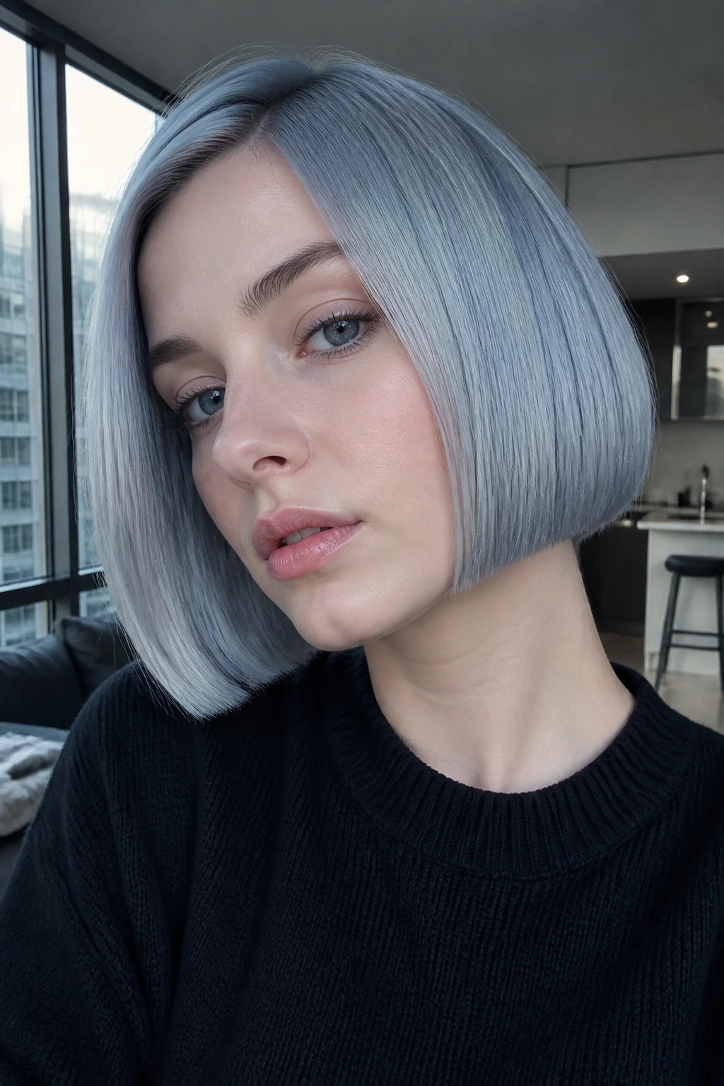Close-up portrait of a real person with a blue-silver gloss bob hairstyle.