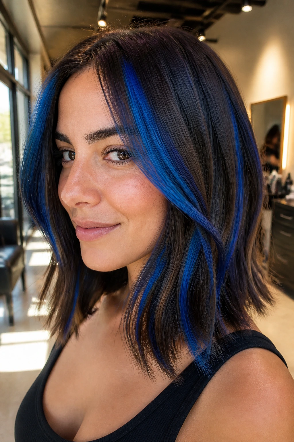 Close-up of brunette lob with chunky blue slice highlights