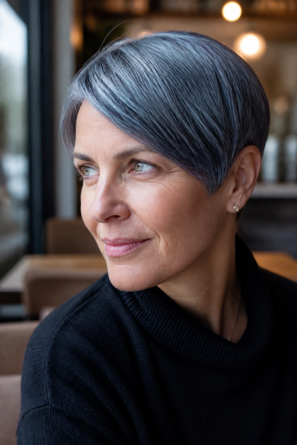 Close-up portrait of a real person with blue-steel hair showing cool gray base and metallic sheen