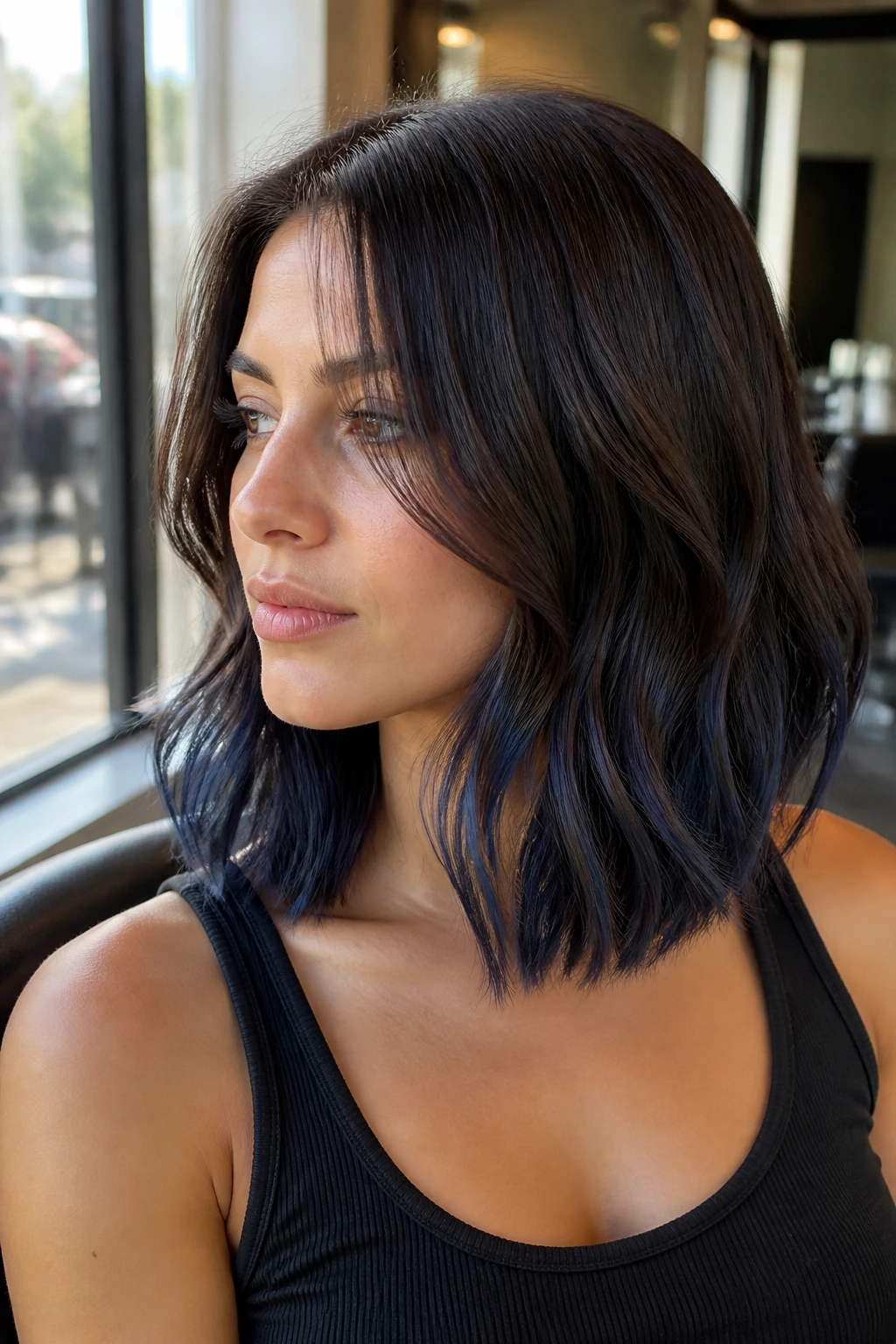 Close-up of brunette lob with subtle blue tint in warm salon lighting