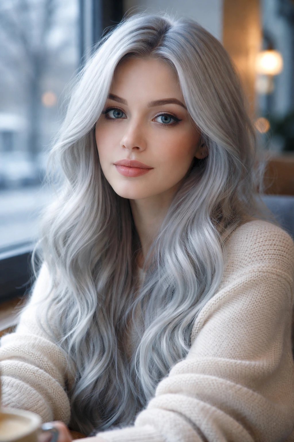 Close-up portrait of a real person with blue-tinted platinum hair in a cafe window light