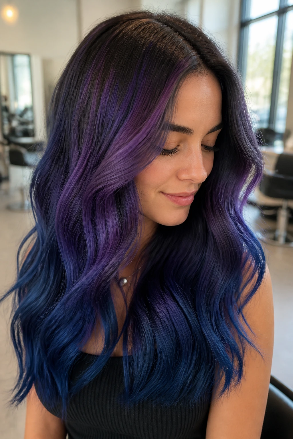 Close-up of brown hair with blue and violet balayage in soft salon light