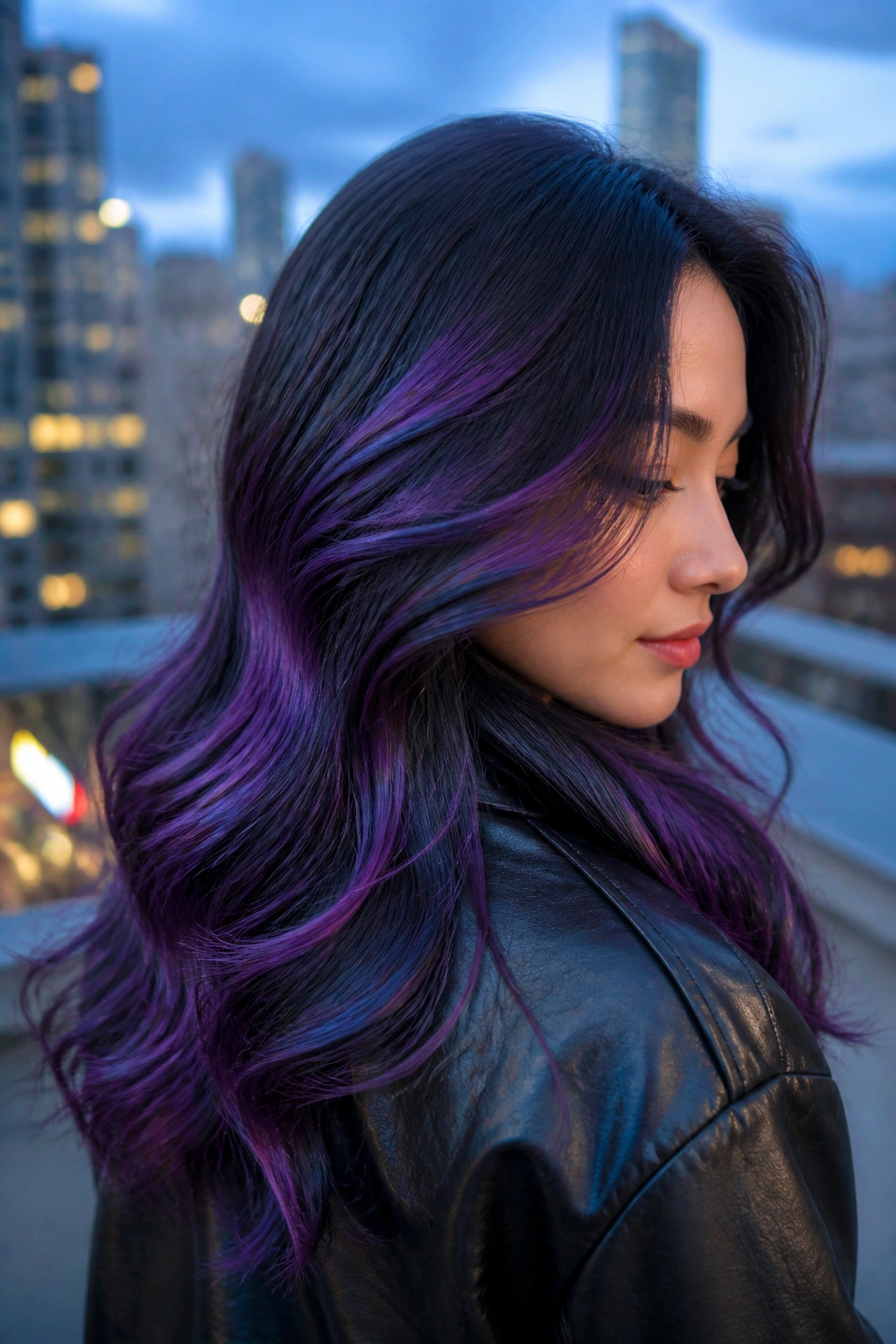 Portrait of a person with blue-violet fused balayage in soft waves