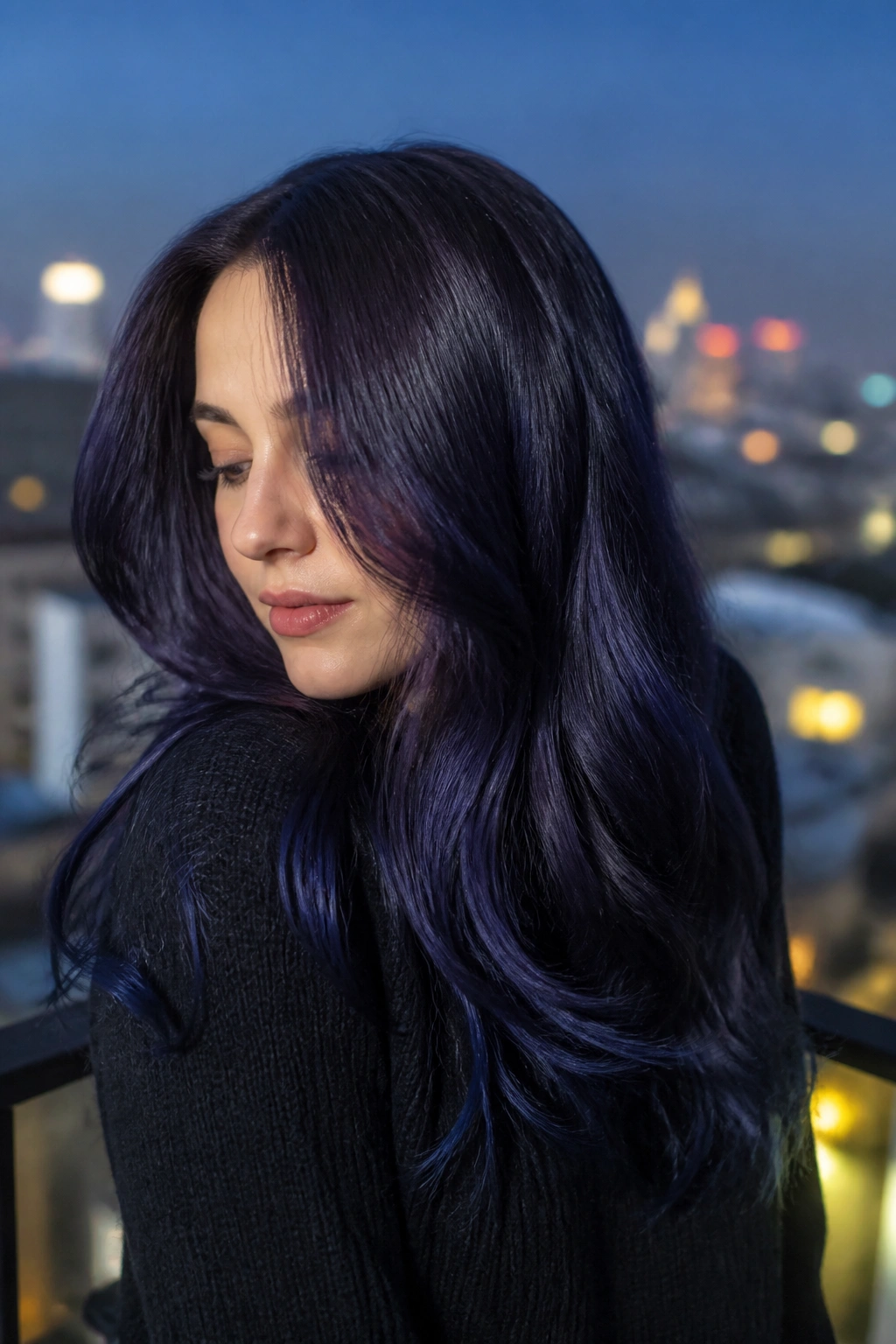 Close-up of hair showing blue-violet black color in sunlight.