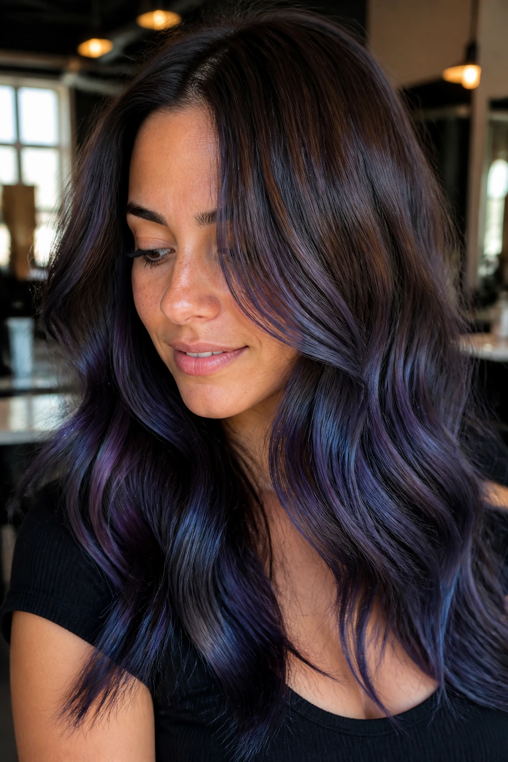 Close-up of brunette with blue-violet balayage sweep blending mid-lengths in natural light.