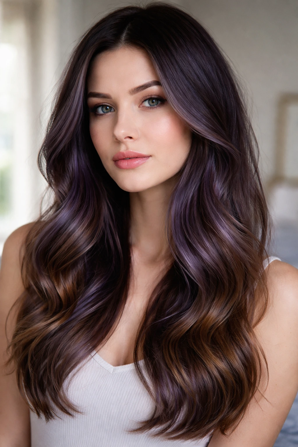 Close-up portrait of Blue-Violet Chestnut Melt on a real person with dark root and blue-violet mids