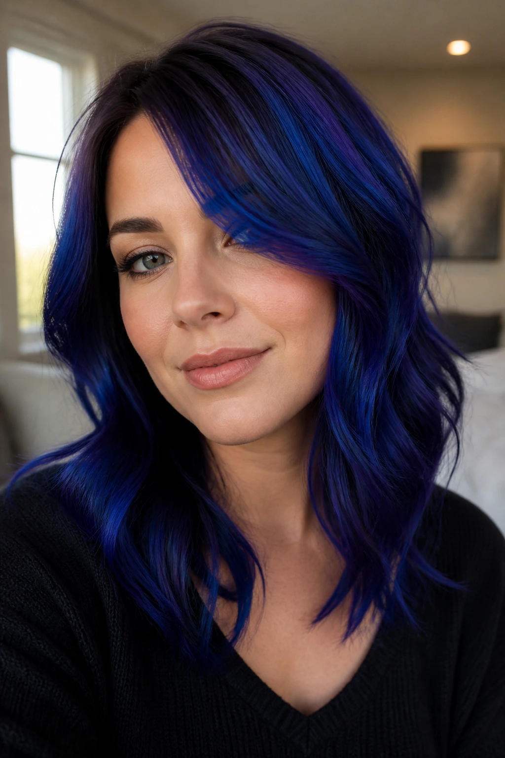 Close-up portrait of blue-violet dimension hair with soft side layers