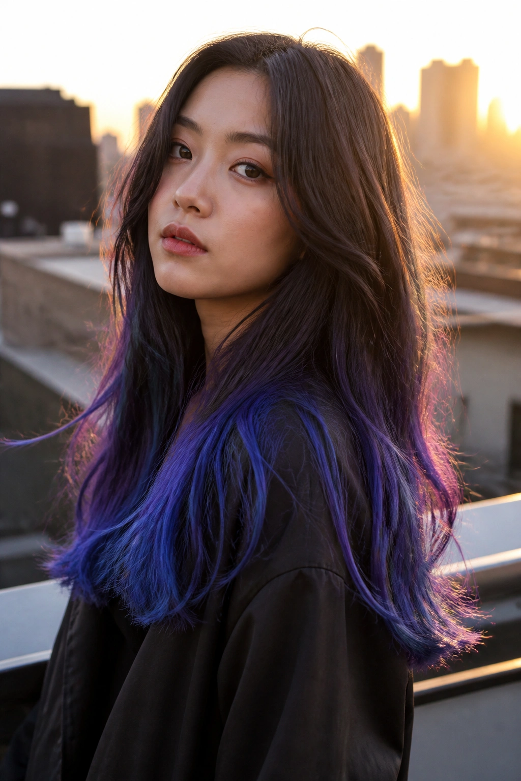 Medium close-up of a woman with blue-violet dip-dyed ends in an outdoor rooftop setting.
