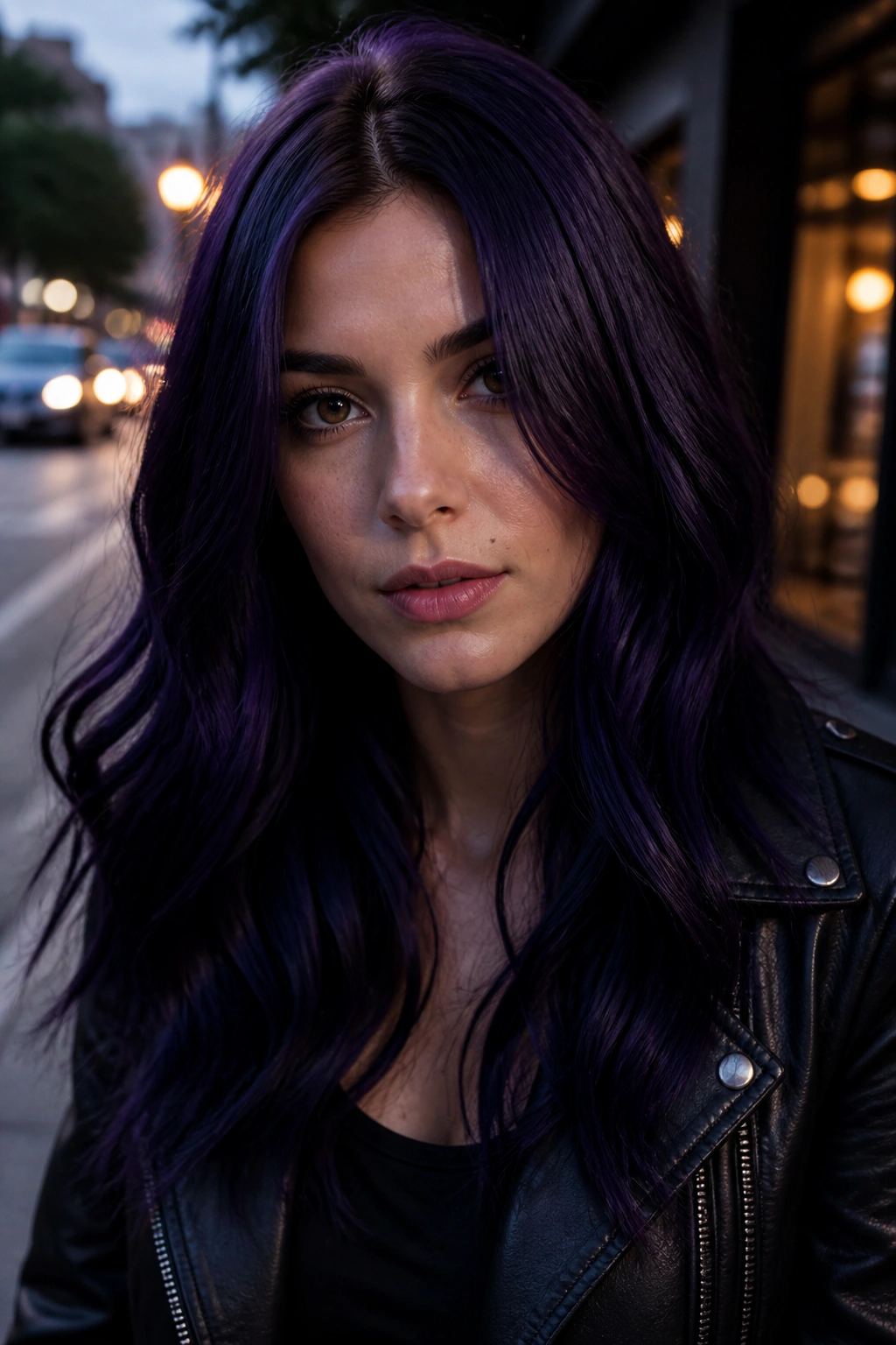 Close-up of a real woman with deep blue-violet midnight gloss hair.