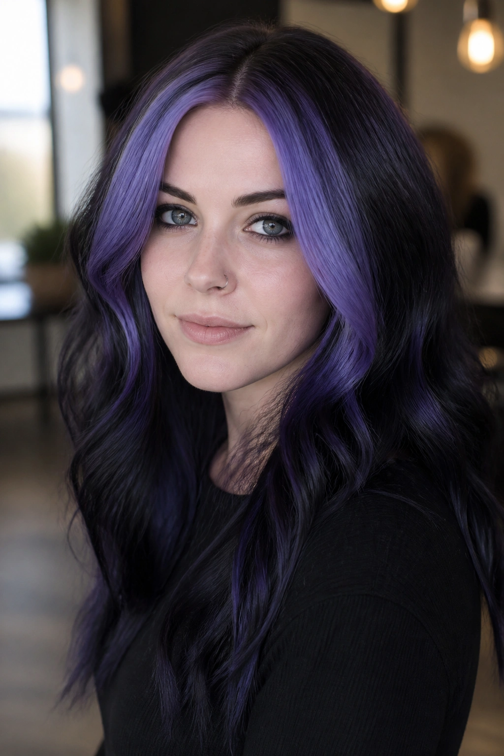 Close-up portrait of a real woman with a blue-violet halo hair framing the face in a salon setting