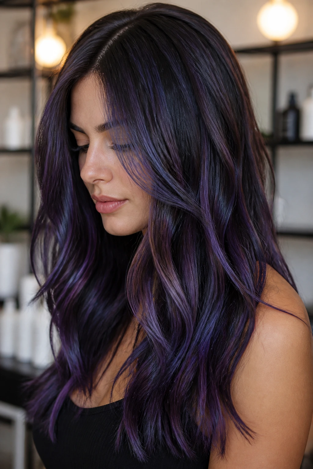 Close-up of dark brunette hair with blue-violet melt and glossy finish