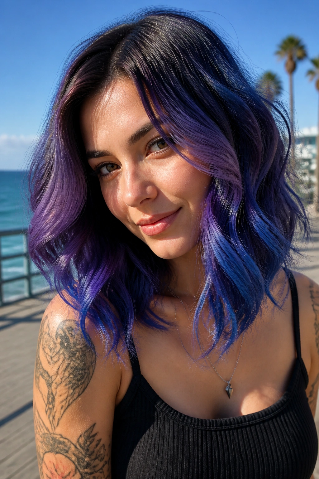 Close-up portrait of a woman with blue-violet melt hair and dark roots.