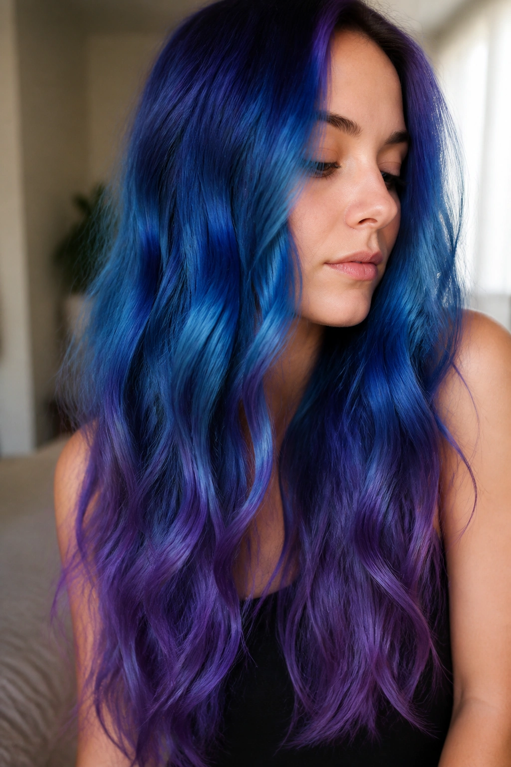 Close-up of a real woman with blue to violet ombre on long wavy hair in window light