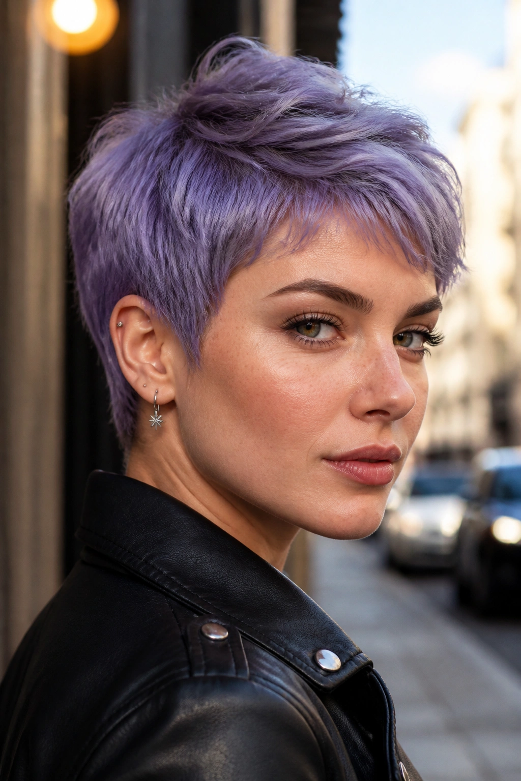 Close-up of a person with blue-violet lilac pixie cut, sharp and moody