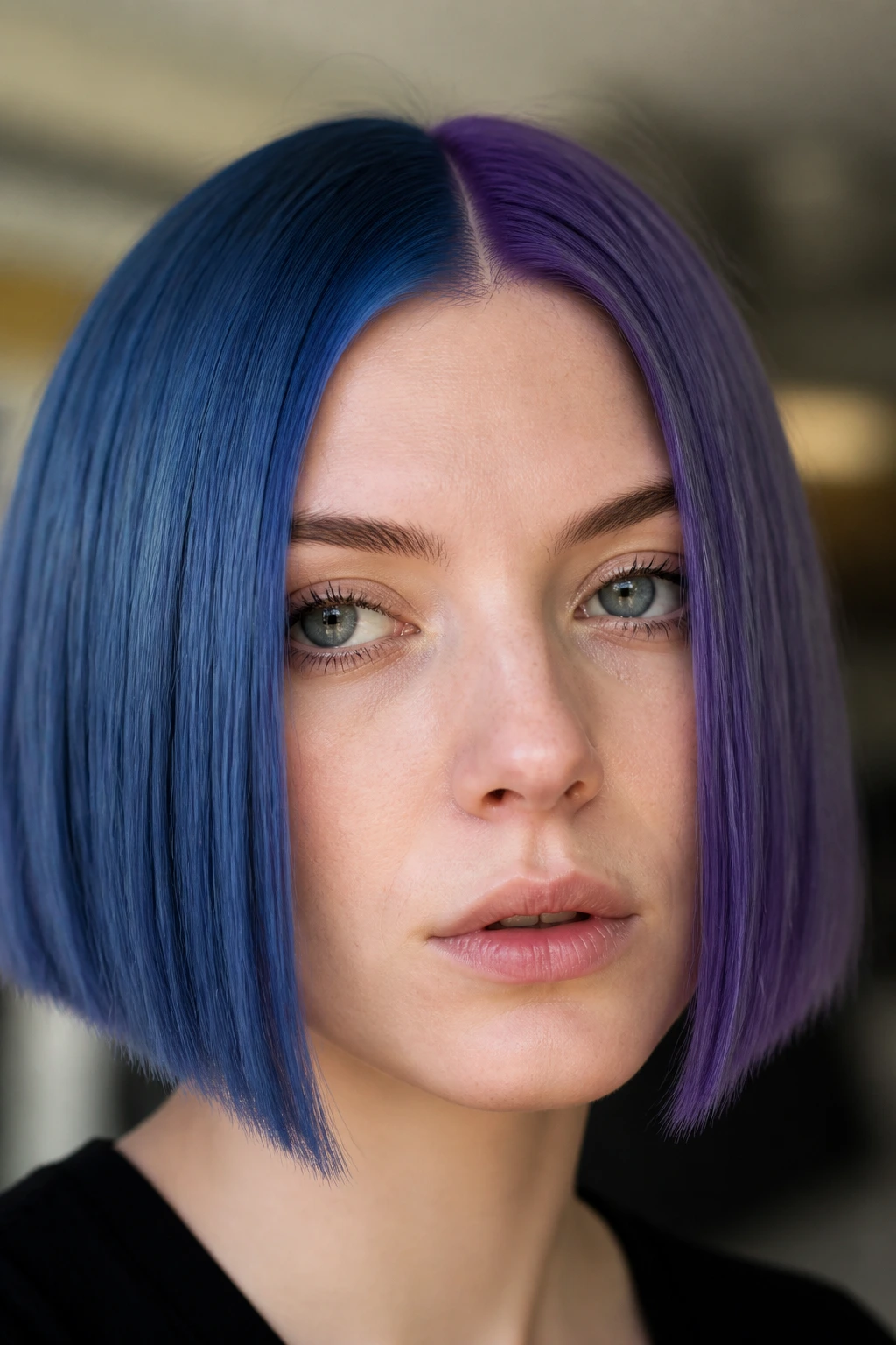Portrait showing blue-violet split dye hair on a real person.