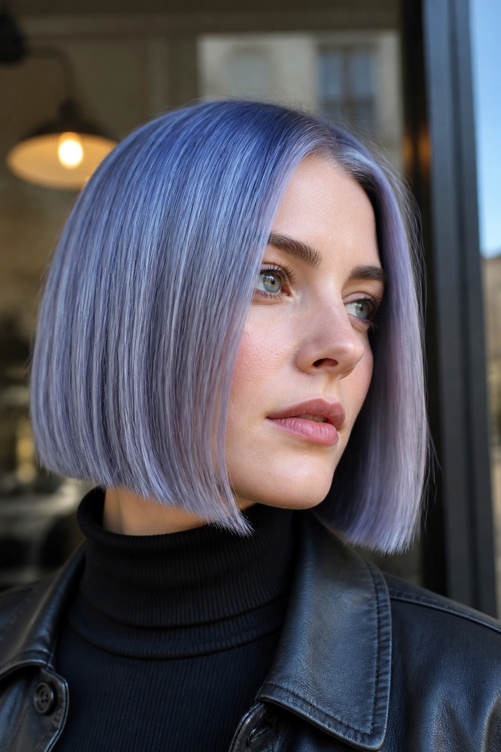 Portrait of person with blunt blue-violet steel bob in urban light.