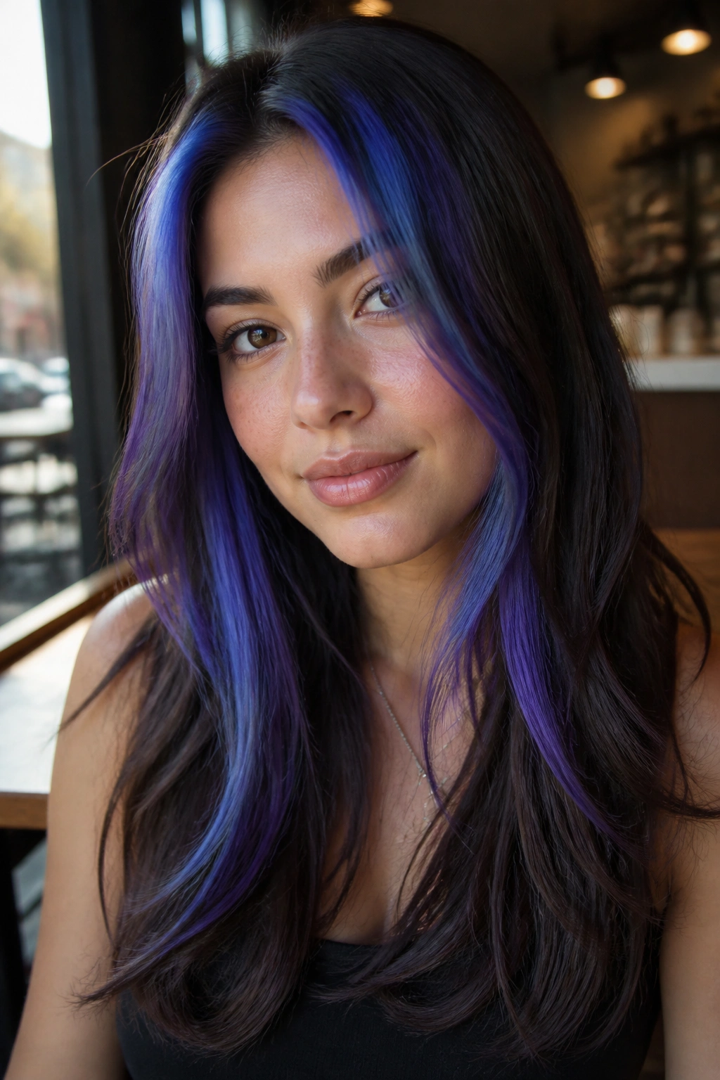 Close-up portrait of a real woman with chunky blue-violet front streaks on brown hair.