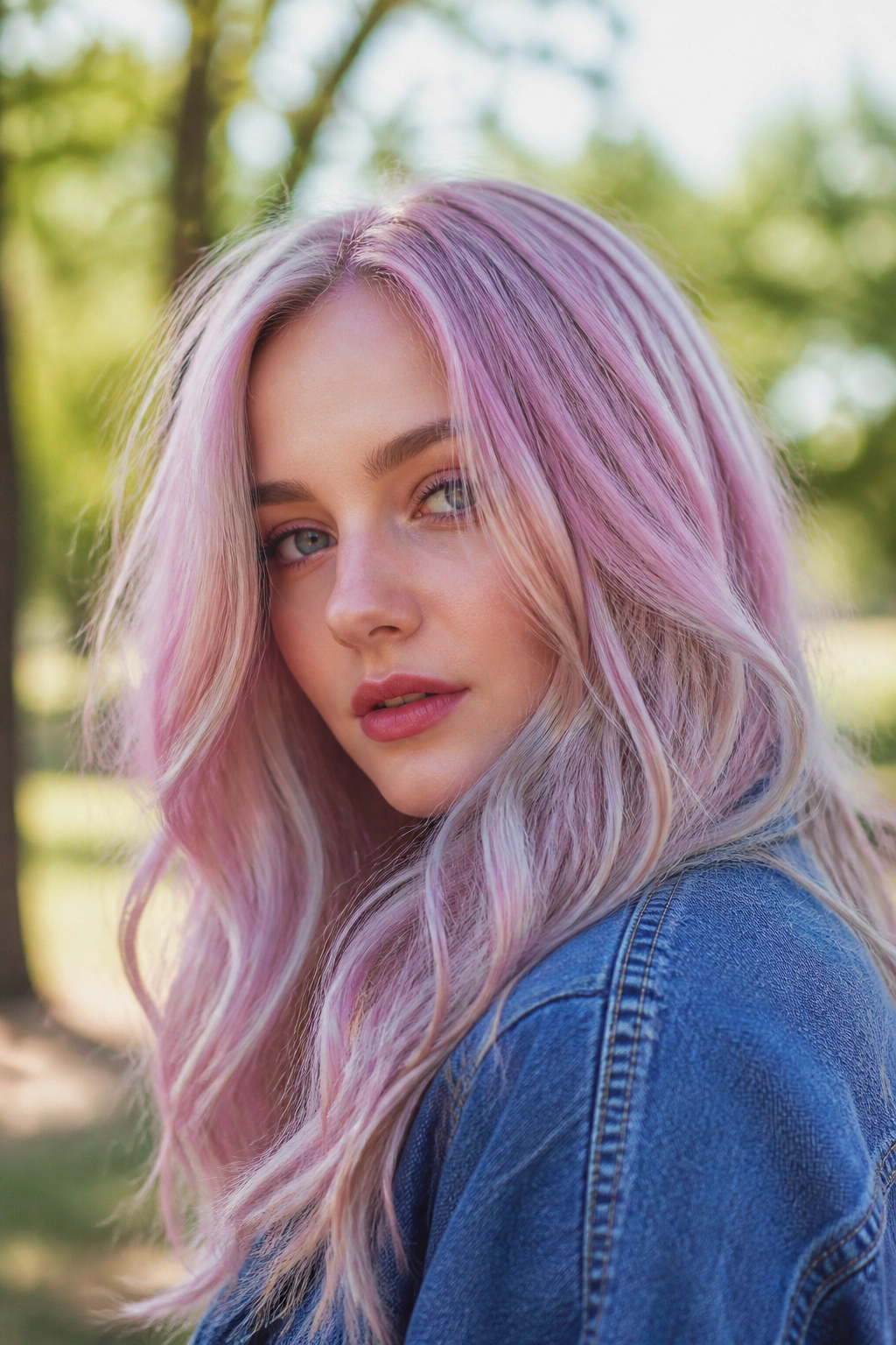 Portrait of a woman with Blueberry Blonde Pink hair in a park setting.