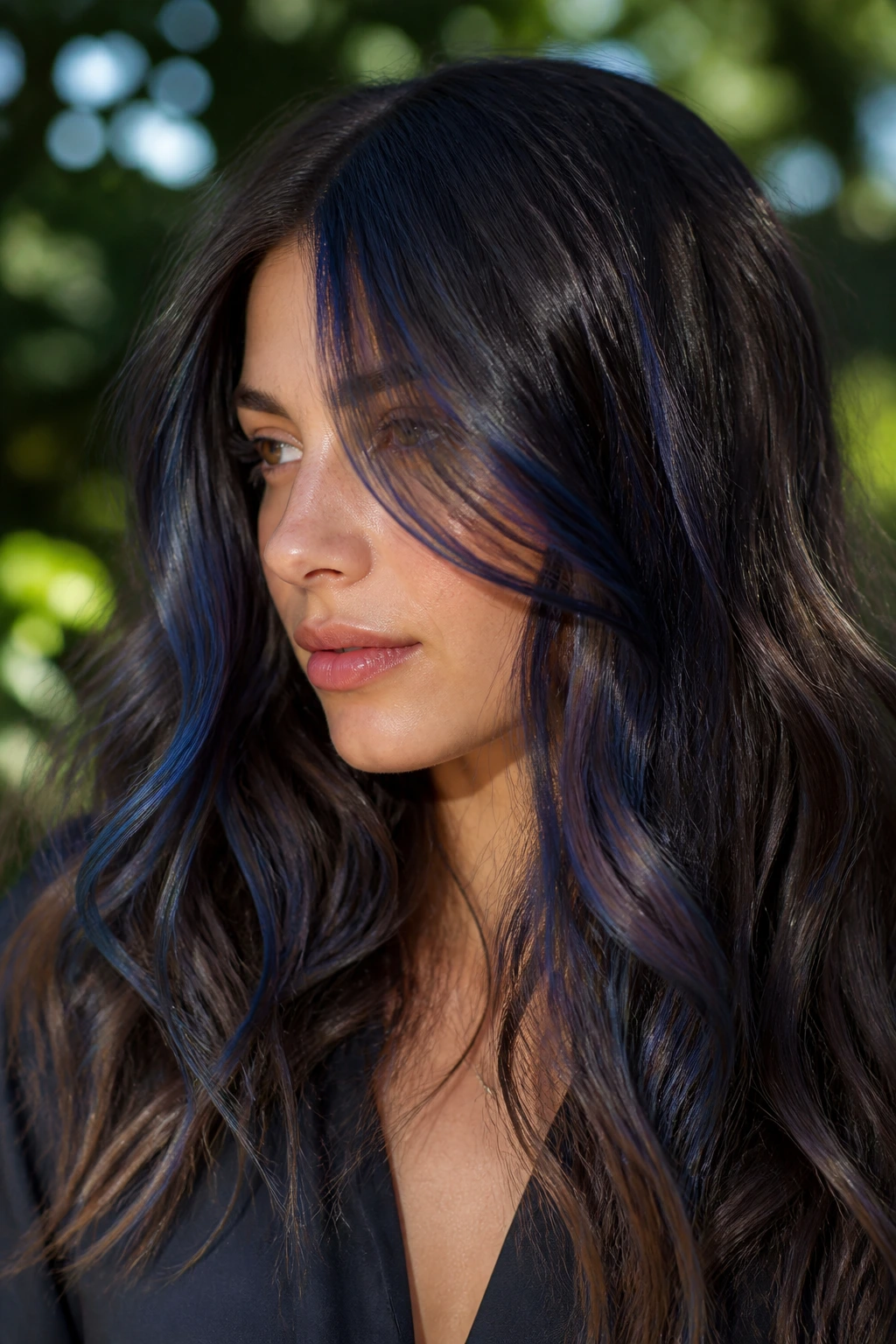 Close-up of a real woman with blueberry brown balayage on brunette hair