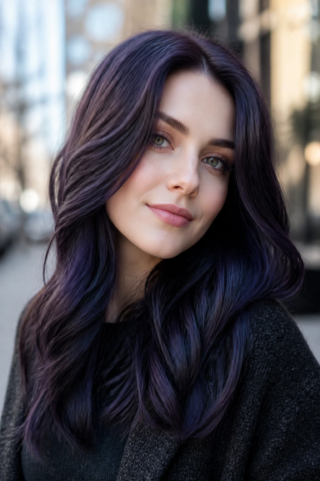 Close-up of a real person with blueberry brunette hair, deep indigo-blue tones