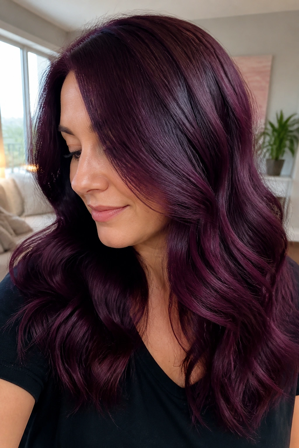 Close-up of a real person with blueberry burgundy hair blending berry and violet tones.