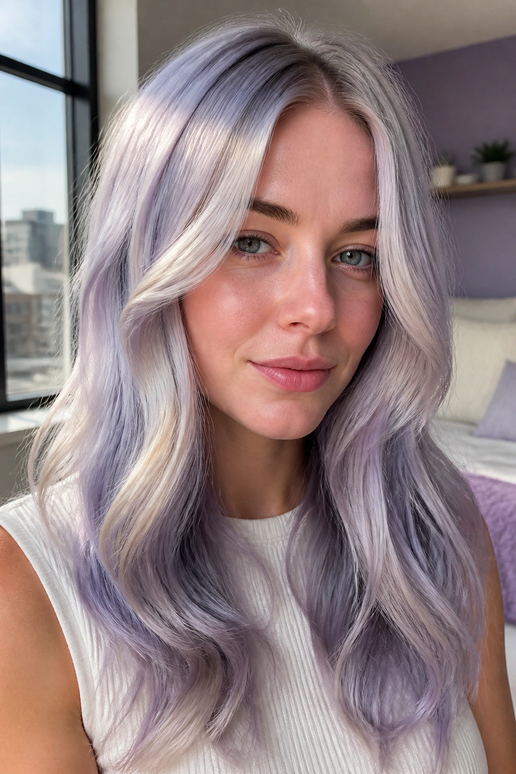 Close-up portrait of a real woman with blueberry cream blonde hair and a blue-violet gloss